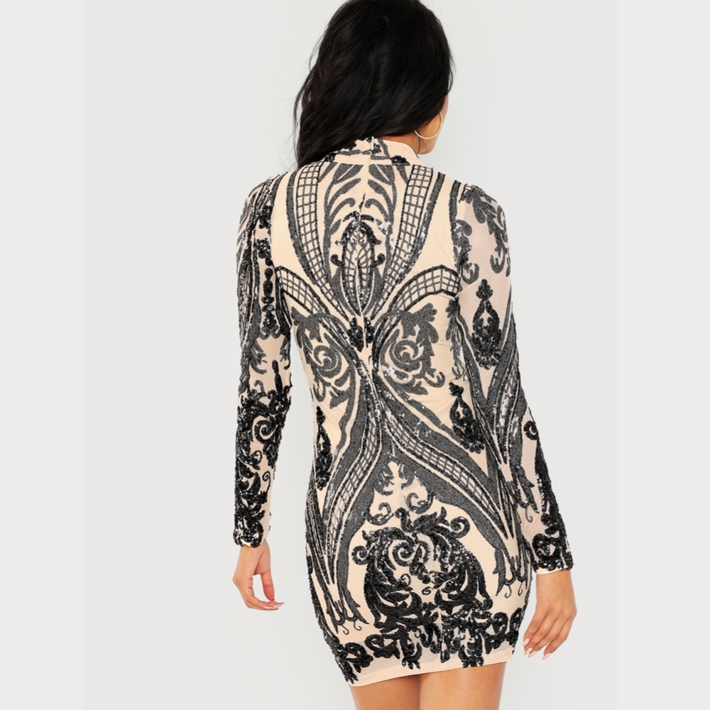 Contrast Sequin Mesh Bodycon Mini Dress Nude Black - Picture 4 of 7